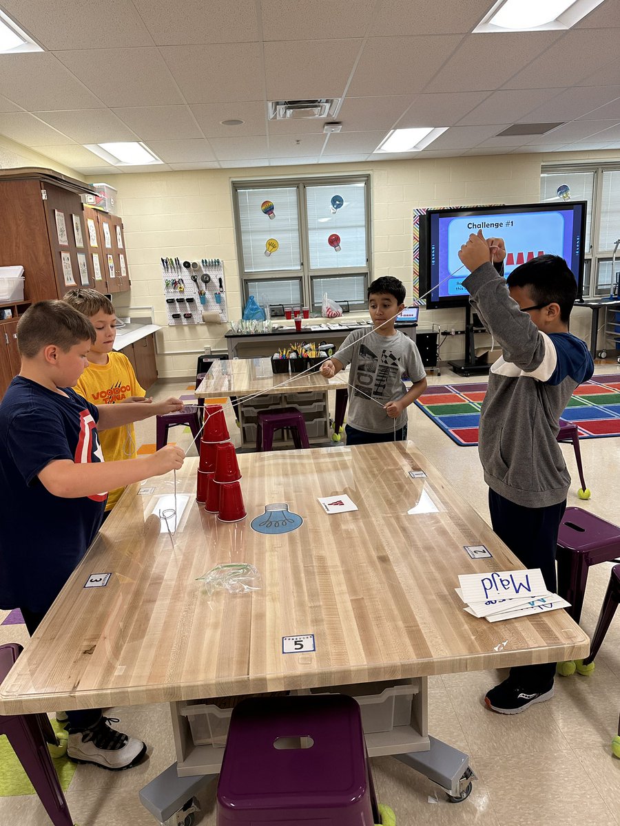 4th & 5th graders are exploring teamwork across the district as they improve communication skills to use a rubber bands & strings to move the cups into challenging setups. 🙌🏼 #Allinthistogether
