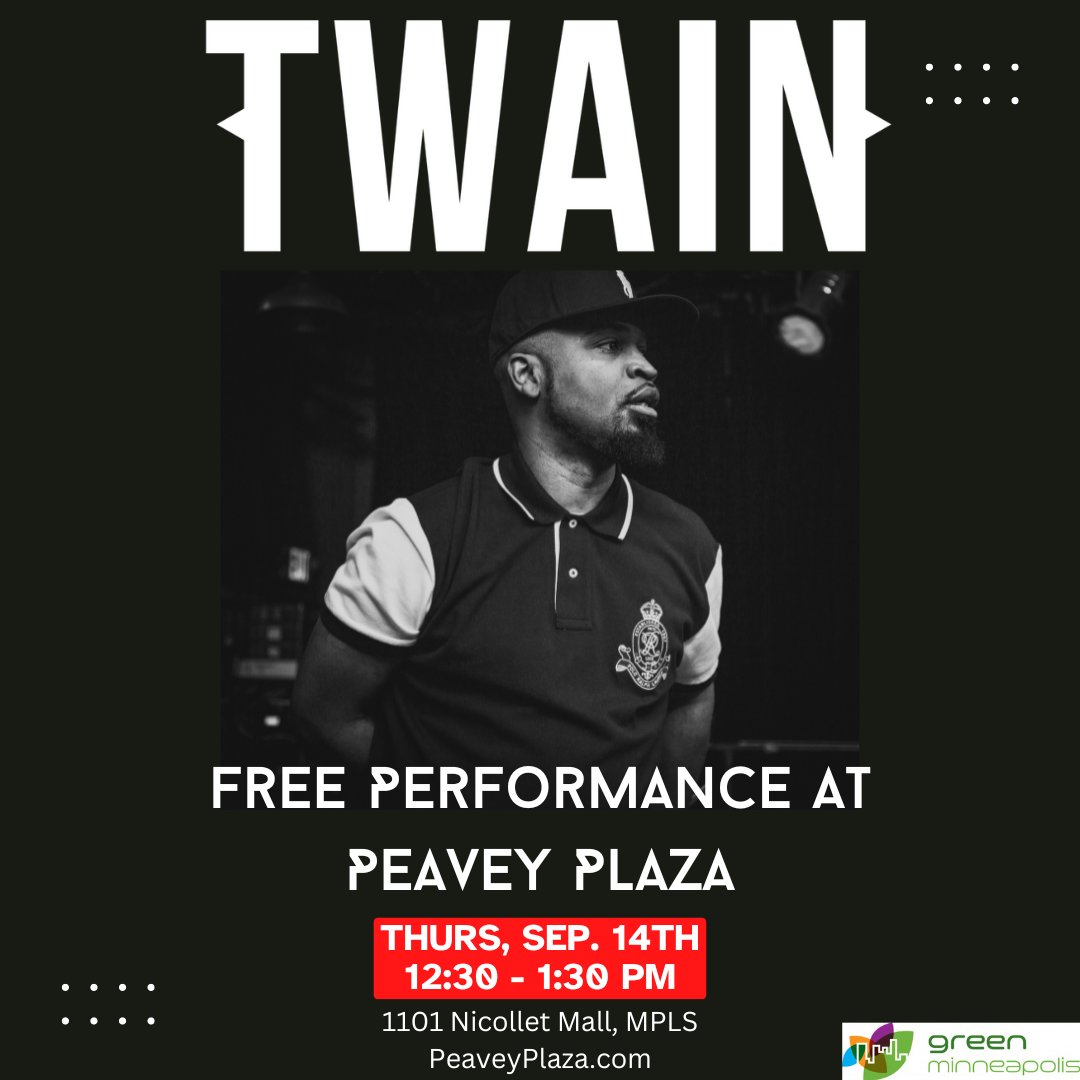 This Thursday from 12:30-1:30 PM, Green Minneapolis is excited to host TWAIN at Peavey Plaza per our weekly MNSpin artist showcase!

#greenminneapolis 
#peaveyplaza 
#mnspin