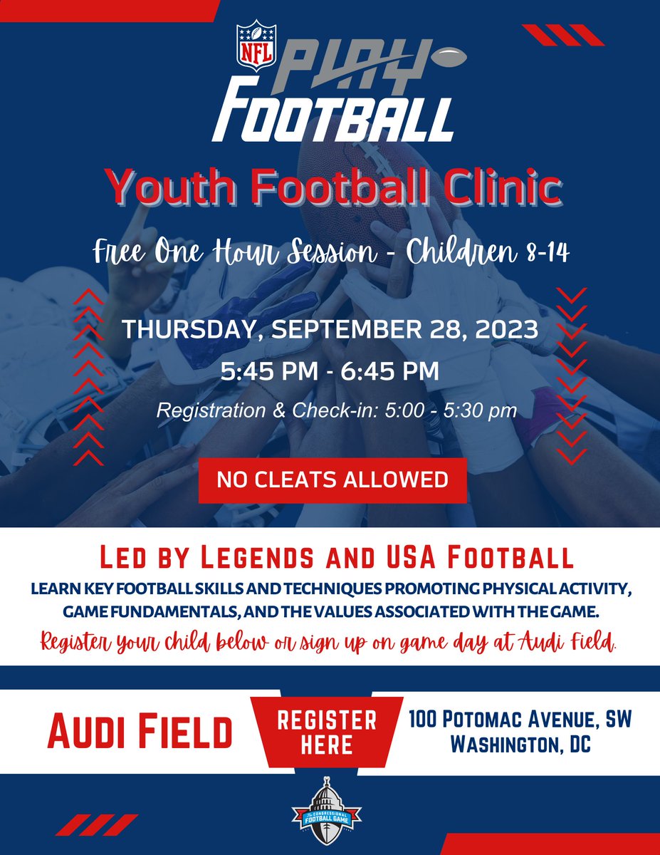The #CongressionalFootballGame is less than a month away! Bring the kids and come early to participate in the @NFLPlayFootball event. It’s open to all ages, but ideal for 7 -14 years. Sign up and learn more: powerforms.docusign.net/e9256aa1-d736-… #PlayFootball