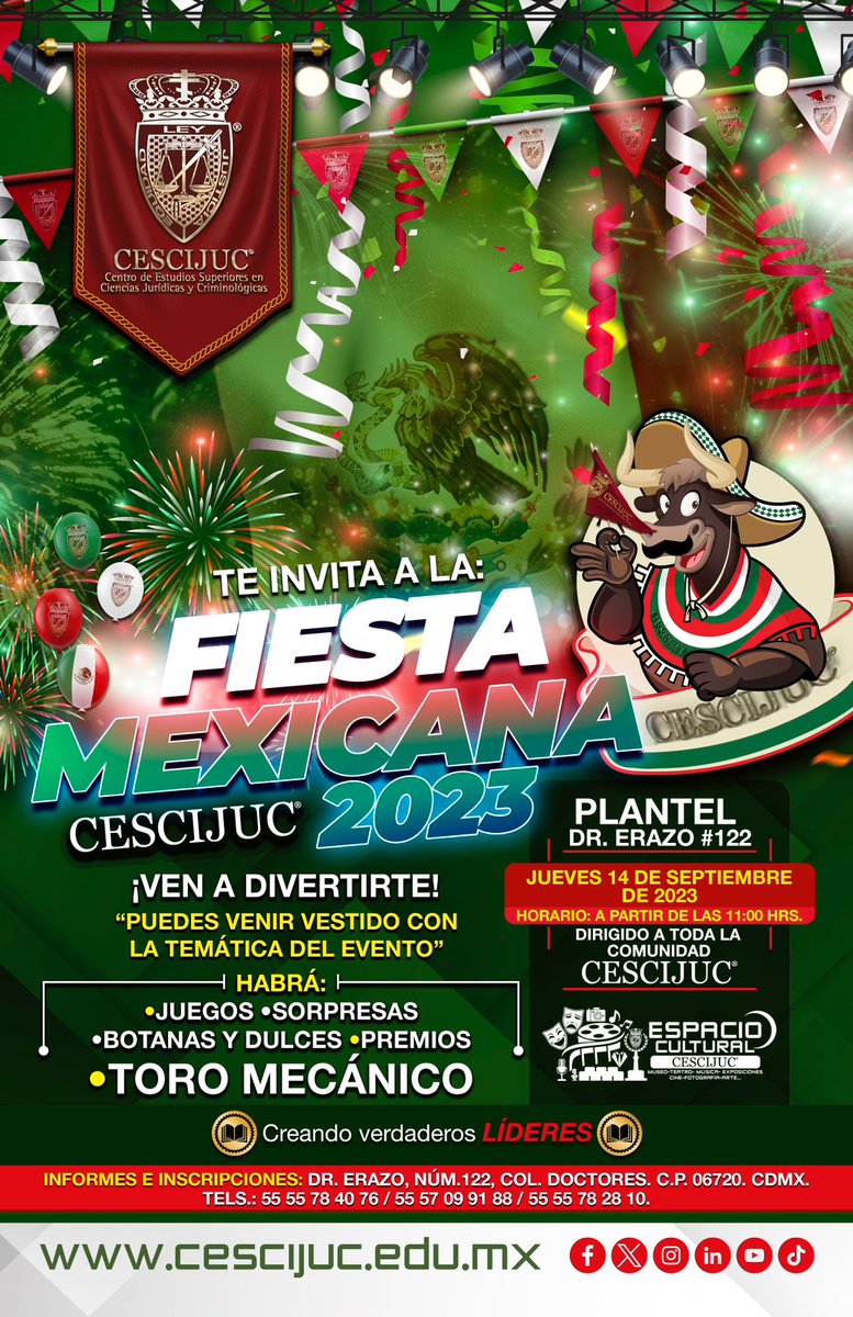 cescijucoficial's tweet photo. ¡Te invitamos a nuestra espectacular Fiesta Mexicana CESCIJUC!, llena de tradición y muchas sorpresas. Disfruta de un agradable momento con tus amigos.🧸🪅🪇 🥳🌮

Aquí se grita con el corazón ¡VIVA MÉXICO!♥️ 🇲🇽🦅

#FiestaMexicana #vivaméxico #ComunidadCESCIJUC #TriunfaEnLaVida https://t.co/DbkTYCFO5K
