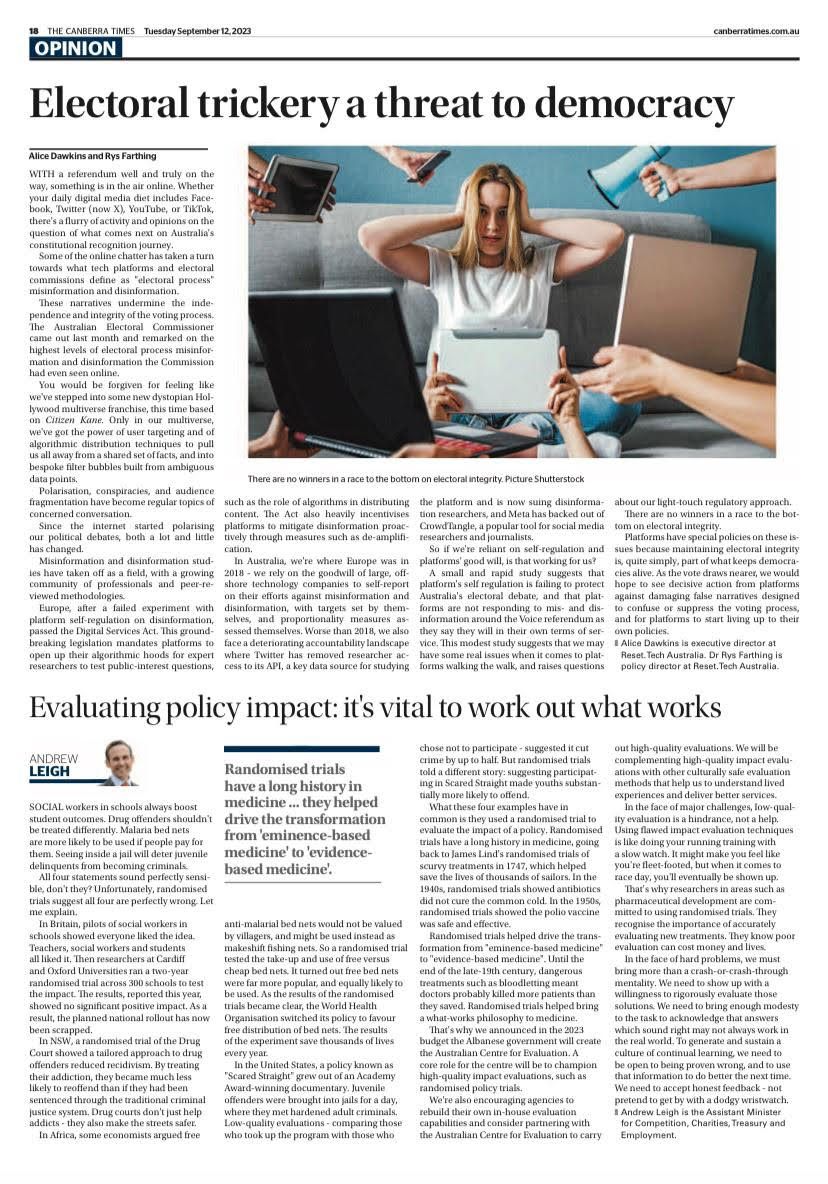Reset.Tech Australia (@ausreset) on Twitter photo "As the (referendum) vote draws nearer, we would hope to see decisive action from platforms against damaging false narratives designed to confuse or suppress the voting process" ā An excerpt from our new report on electoral misinformation, as seen in the <a href="/canberratimes/">Canberra Times</a> "As the (referendum) vote draws nearer, we would hope to see decisive action from platforms against damaging false narratives designed to confuse or suppress the voting process" ā An excerpt from our new report on electoral misinformation, as seen in the <a href="/canberratimes/">Canberra Times</a>