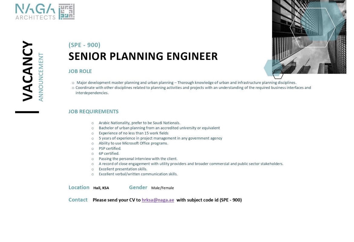 وظائف #حائل 

وظيفة قيادية ✅

☑️ كبير مهندسي التخطيط (رجل او انثى )

الشروط

سعودي الجنسية
عنده خبره لا تقل عن ١٥ سنة
خبره ٥ سنوات كمدير مشروع
بكالوريوس هندسة / يتعلق بالمجال

ارسال السيرة الى الايميل مع كتابة رمز الوظيفة بالعنوان( SPE - 900 )
hrksa@naga.ae

التفاصيل الاعلان ✅