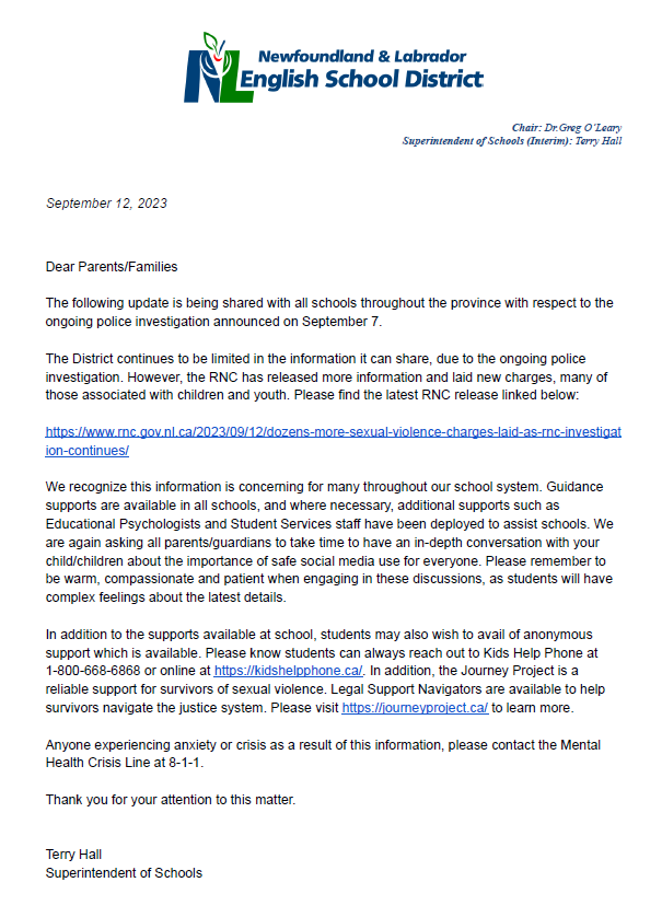 NLSchoolsCA's tweet photo. Dear Parents and Families, please find the attached memo from the Newfoundland and Labrador English School District regarding the Royal Newfoundland Constabulary News Release from earlier this afternoon. https://t.co/6BpsHK6H7e https://t.co/FlOXlP8cOy