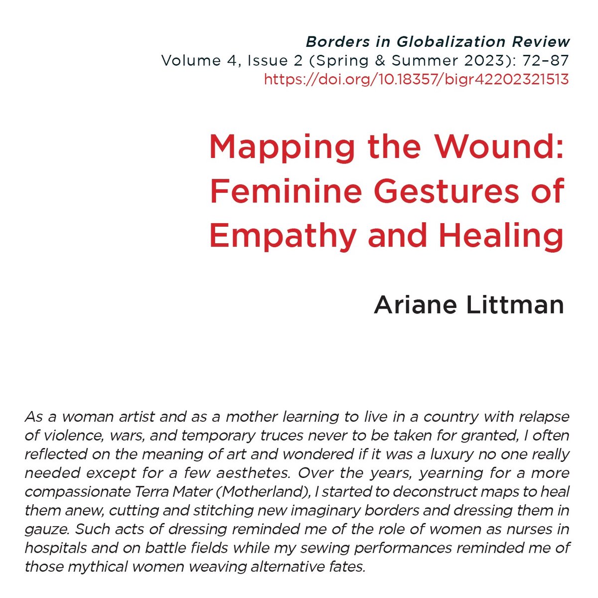 BIG_UVic's tweet photo. Jerusalem-based artist Ariane Littman applies bandages and gauze in multimedia sculpture, photography, and performance, featured here in 𝗠𝗔𝗣𝗣𝗜𝗡𝗚 𝗧𝗛𝗘 𝗪𝗢𝗨𝗡𝗗 (ᴄᴄ-ʙʏ-ɴᴄ) 🧵
#BIG_Review #BorderArt #OpenAccess https://t.co/3Zs2I9SpvH