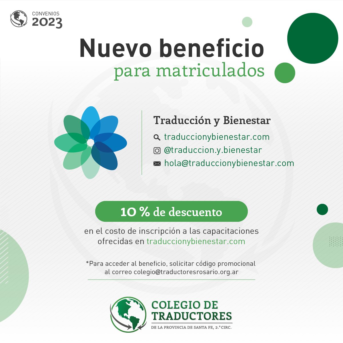 📣 ¡Beneficios 2023! 😄

Nuevo convenio 🤝 con Traducción y Bienestar 🔄😊

🌐 Sitio web: traduccionybienestar.com