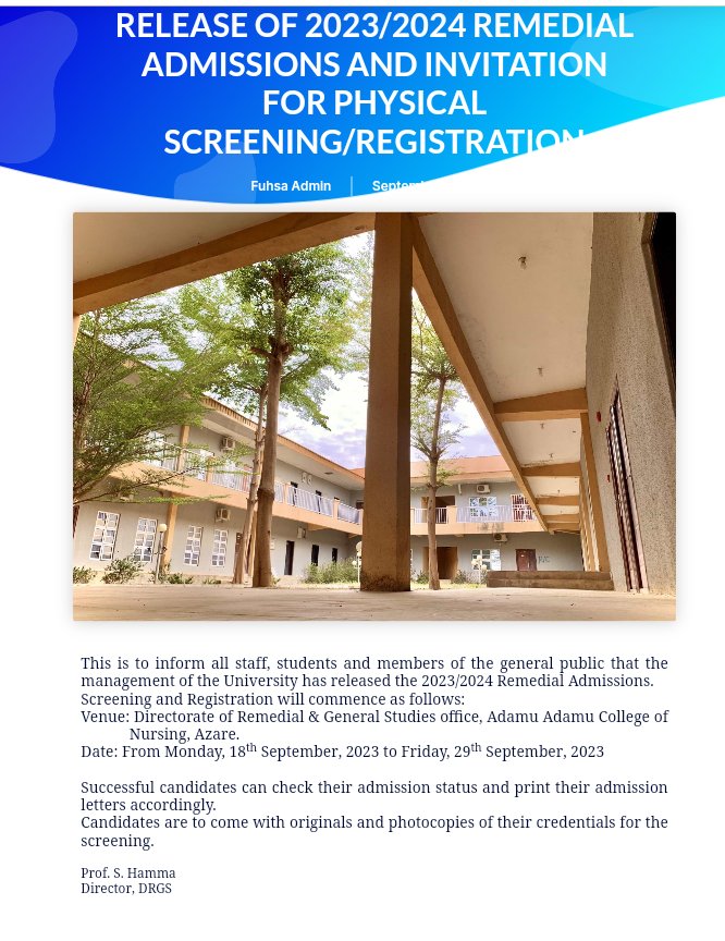 RELEASE OF 2023/2024 REMEDIAL ADMISSION AND INVITATION FOR PHYSICAL SCREENING/REGISTRATION 

Click the link below to check your admission:
fuhsa_remedial.admissions.cloud

Best of Luck! 
#admissions #registration