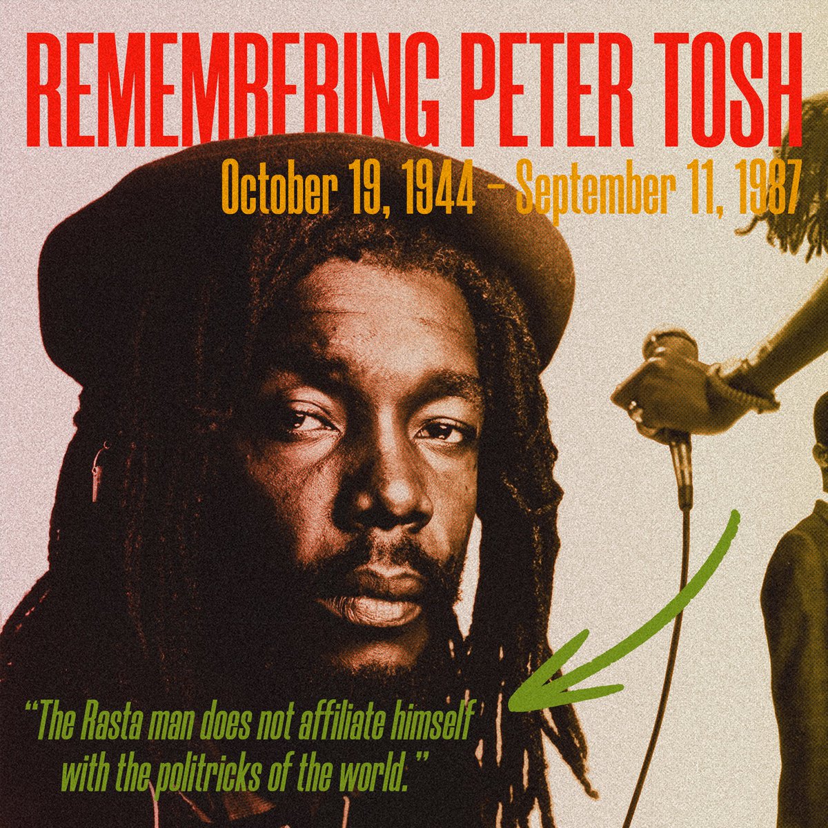 PeterTosh's tweet photo. “Music is psychology, seen? And if the music does not penetrate the heart, soul, the mind, and the body, then you ain’t gonna feel it. Because reggae music is not something that you hear, it’s something you feel, seen? And if you can’t feel it, you can’t know it” -Peter Tosh

Bredren and Sistren, today, we continue to remember the life and legacy of Peter Tosh, through some of his many words of wisdom. What is your favorite Peter Tosh quote? Comment below.

#PeterTosh #Reggae #LegalizeIt