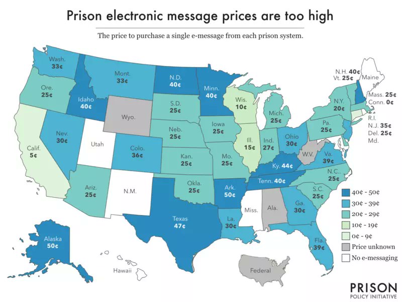 Here is how much people in 43 states are forced to pay to send ONE electronic message to an incarcerated loved one. (Typically, there is a character limit, and one message isn't enough.) In the 14 states that have banned physical mail, it's virtually the only option.