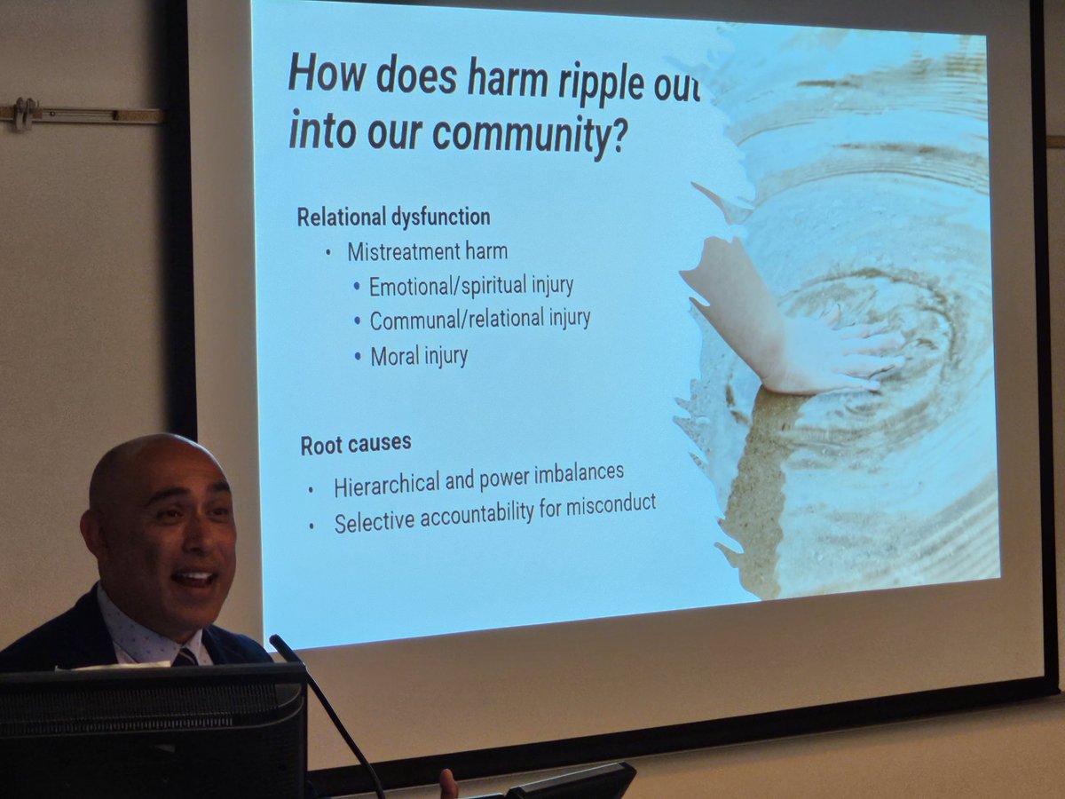 I appreciate Dr. Flores highlighting selective accountability (not holding some people accountable) for mistreatment/misconduct as a root cause of harms that ripple out. #RestorativeJustice #Ongomiizwin