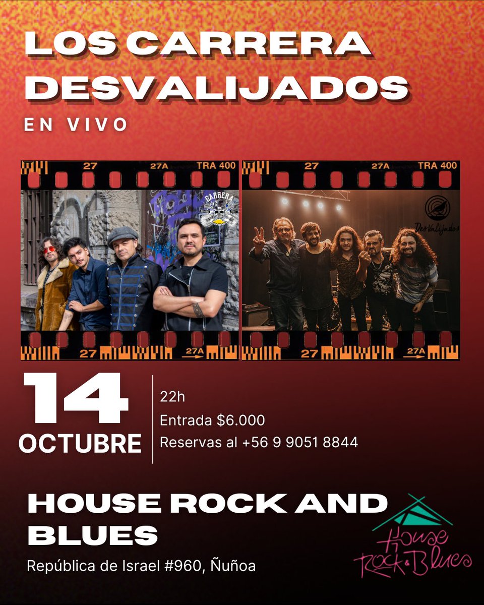 Carrerin@s! Nos volvemos a encontrar!!
Esta vez junto a nuestros queridos amigos de <a href="/desvalijados/">Banda Desvalijados</a> 🔥
La cita es el sábado 14 de octubre, desde las 22h en el @houserockandblues. Las entradas son limitadas y pueden adquirirlas al +56 9 9051 8844. Valor: $6.000
Nos vemos! 🔥