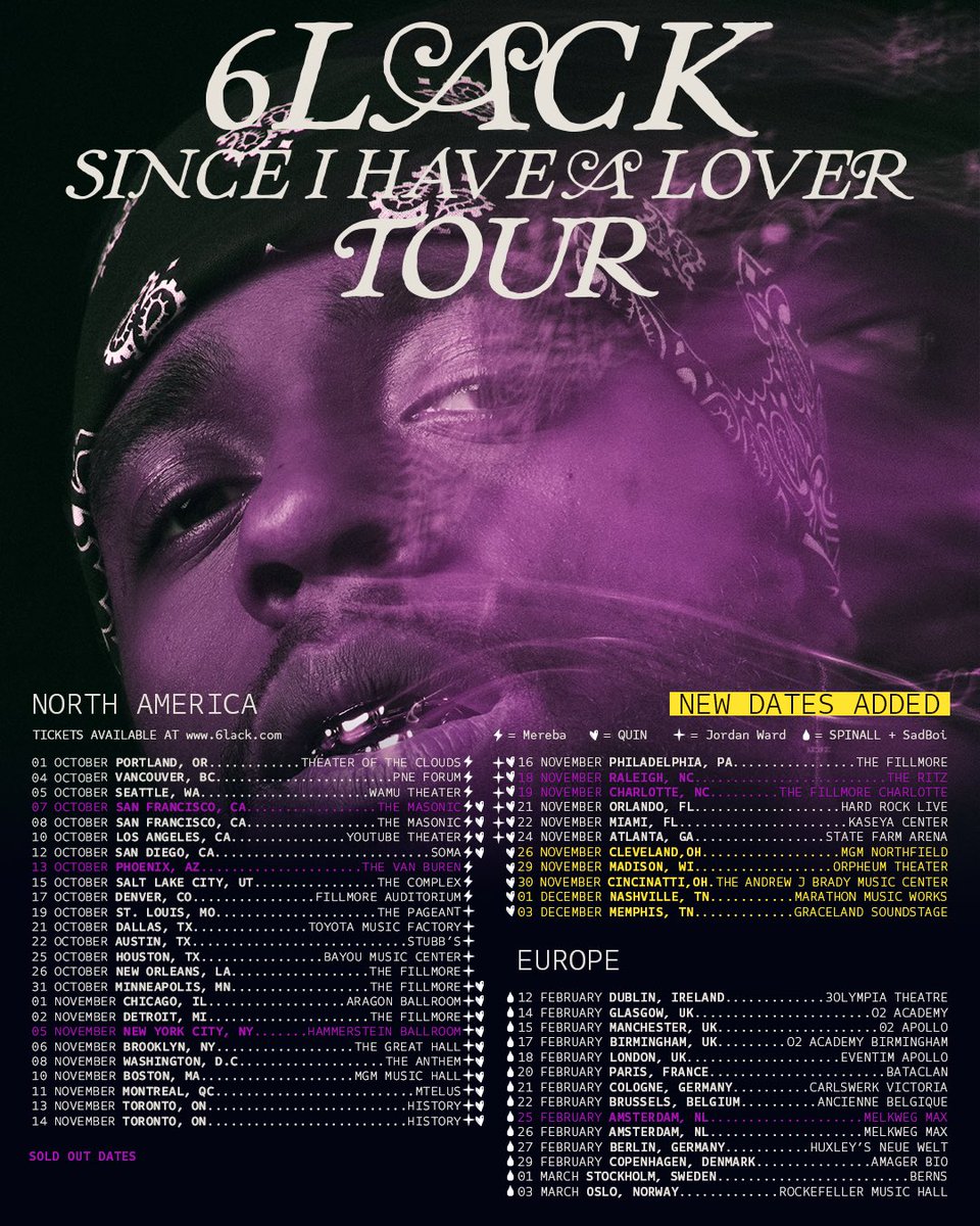 6LACK's tweet image. Since I Have A Lover, the tour 💐 — NEW DATES ADDED

Cleveland, Madison, Cincy, Nashville, &amp;amp; Memphis —  tap in 🥷🏾💜

on sale 9/15