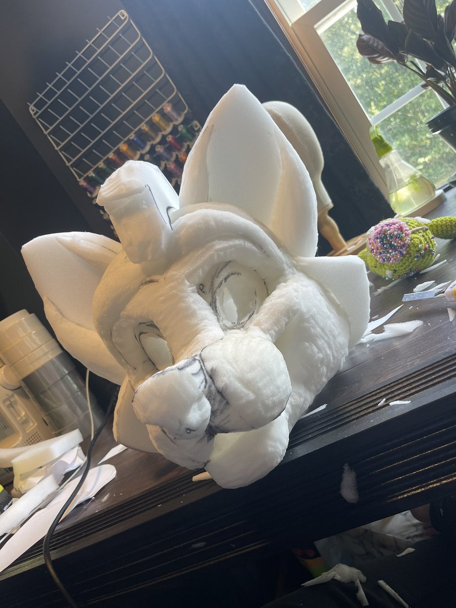 Wip of my first ever fursuit head! Waiting for the eye blanks to come in before I cut out the eyes and do a little bit more smoothing : D