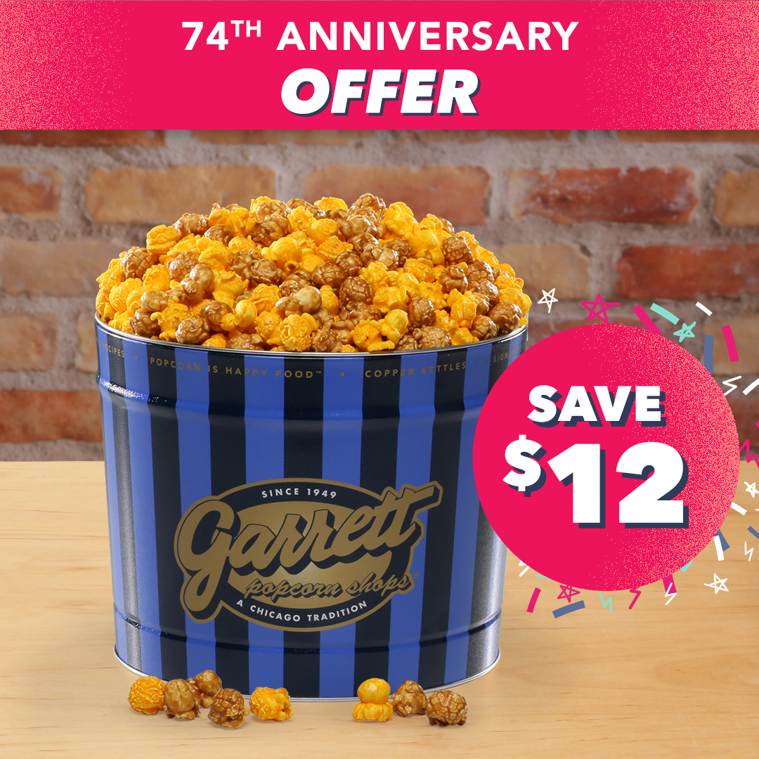 Celebrate 74 years with us 🎉 THIS WEEK ONLY - Save $12 on a Family tin of Garrett Mix when you order online. 😋 Shop now: bit.ly/3cInG8f Offer available through 9/17/23 online only. #garrettpopcorn #gourmetpopcorn