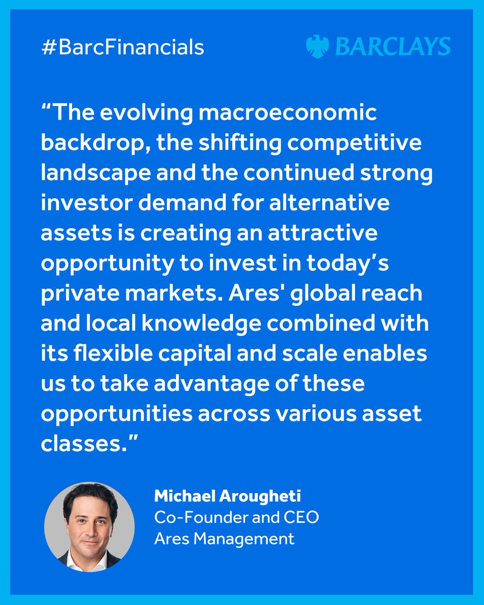 BarclaysCIB's tweet photo. Speaking to investors and attendees at our #BarcFinancials conference, @ares_management Co-Founder and CEO Michael Arougheti points out the increasing demand for alternative assets, driven by factors like the complex macroeconomic backdrop. https://t.co/TgHoQqPpAj