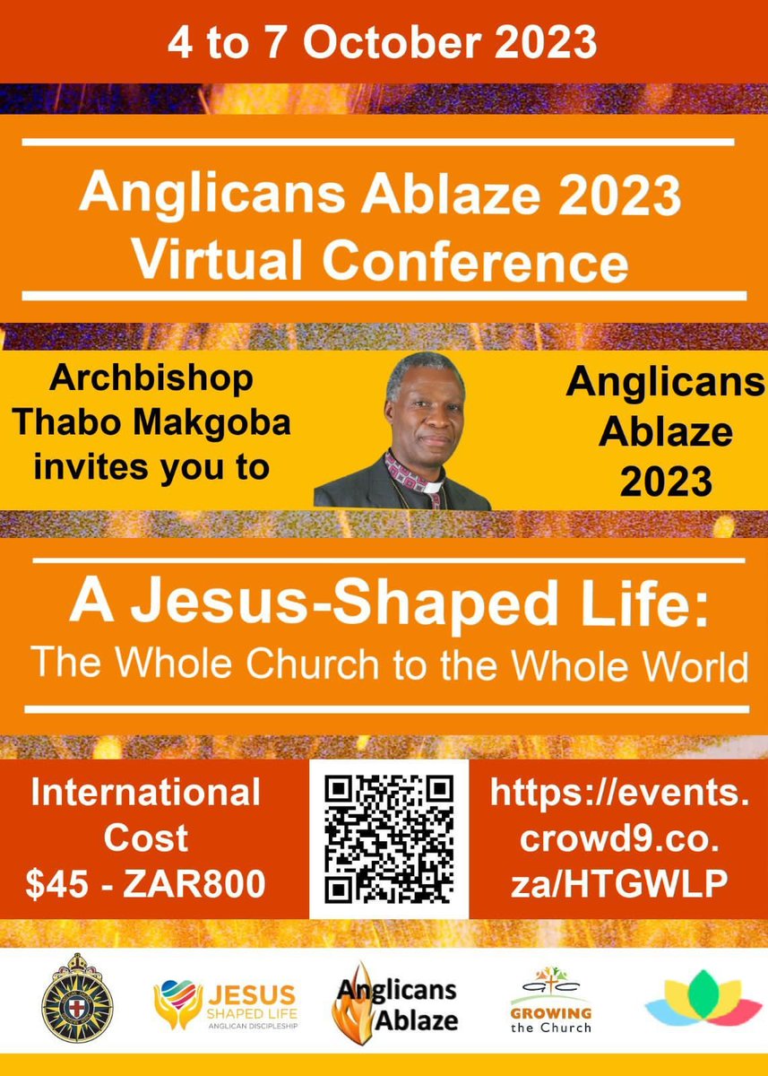 Coming up soon! Anglicans Ablaze 2023 🔥'A Jesus-Shaped Life: The Whole Church to the Whole World'  conference 
4 - 7 October

Conference information - and in person attendance sign up (Johannesburg):  anglicansablaze.org/conferences/20… 

Sign up to attend online: events.crowd9.co.za/HTGWLP