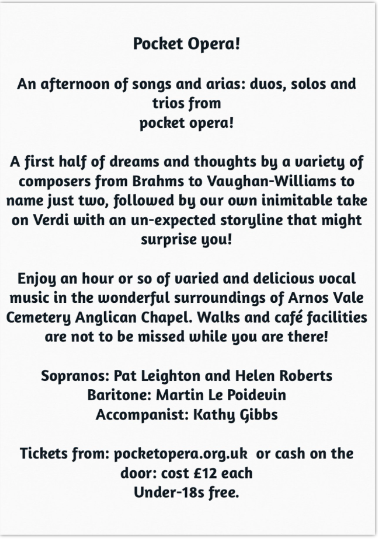 Pocket Opera will be returning to the Anglican Chapel, @arnosvalecemetery, 2pm, October 8th.  Join us for a lovely autumnal afternoon of arias and songs <a href="/bristolopera/">Bristol Opera</a> <a href="/henfenyw/">Sioned Alexander</a> <a href="/ArnosValeCem/">@arnosvalecem</a> <a href="/bristolrecitals/">bristolsongrecitals</a> @SaintStephensBS <a href="/stgeorgesbris/">St George's Bristol</a> #opera #arias