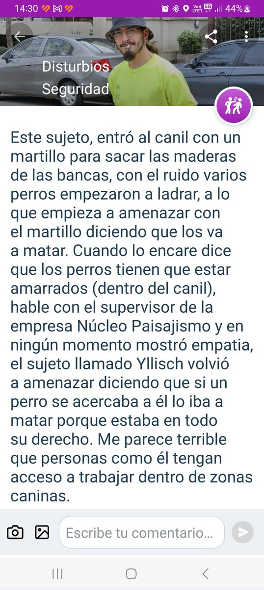 <a href="/Muni_provi/">Muniprovi</a>  porfavor atender este reclamo que está en Sosafe , esto fue en la Plaza La Alcaldesa . Los arreglos que quieran hacer debería ser en horarios donde no hayan perritos y por otro lado mal actual del trabajador