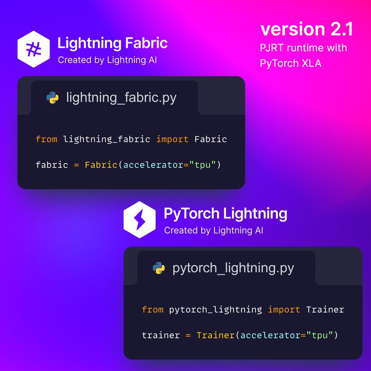 LightningAI's tweet image. Our upcoming Lightning 2.1 release beats performance benchmarks by 35% when training models on TPUs. Now PyTorch Lightning and Lightning Fabric use PJRT by default. Check it out ➡️
#DeepLearning #PytorchLightning #MachineLearning