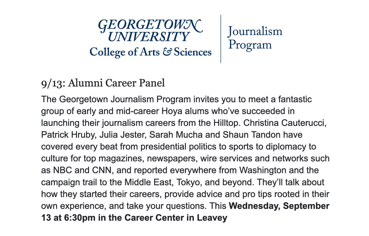 It's that time again: A stellar lineup of @Georgetown journalists - @c_cauterucci @patrick_hruby @JulesJester @sarahmucha @shauntandon - are back with career advice for aspiring reporters TOMORROW! Current GU students and recent alums, register here: journalism.georgetown.edu/events/