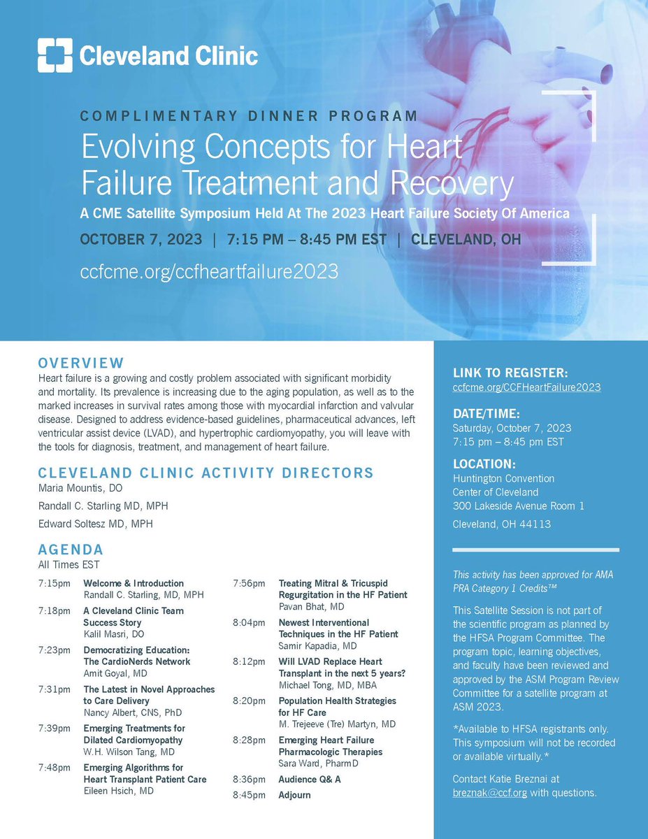 Attending #HFSA2023 in Cleveland? Don’t miss @ClevelandClinic’s satellite symposium on Sat, 10/7! Register (free!): ccfcme.org/CCFHeartFailur… @rcstarling @MariaMountis @EdSolteszMD @AmitGoyalMD @Dr_Eileen_Hsich @Pavan_Bhat_MD @tavrkapadia @MichaelTongMD @WilsonTangMD @tremartyn