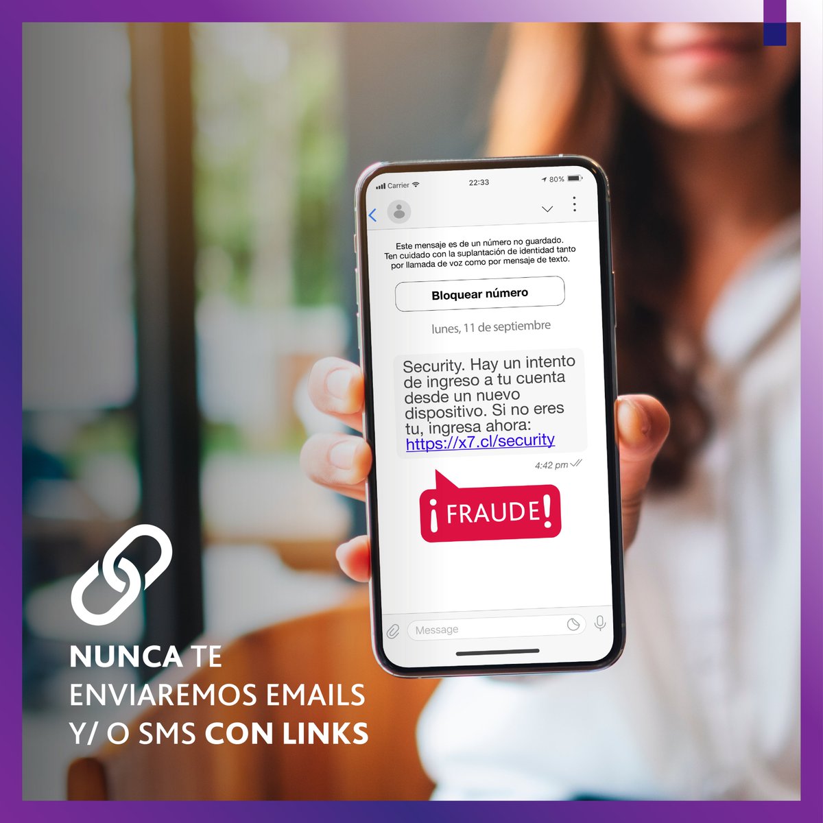 ¡Alerta! ⚠️ Si recibiste un SMS con un link informando que "hay un intento de ingreso a tu cuenta", NO hagas click y bórralo de inmediato.

☎️ Si ya ingresaste al link, comunícate con Servicio de atención al cliente al 225844060. #OperaSeguro y juntos evitemos fraudes.