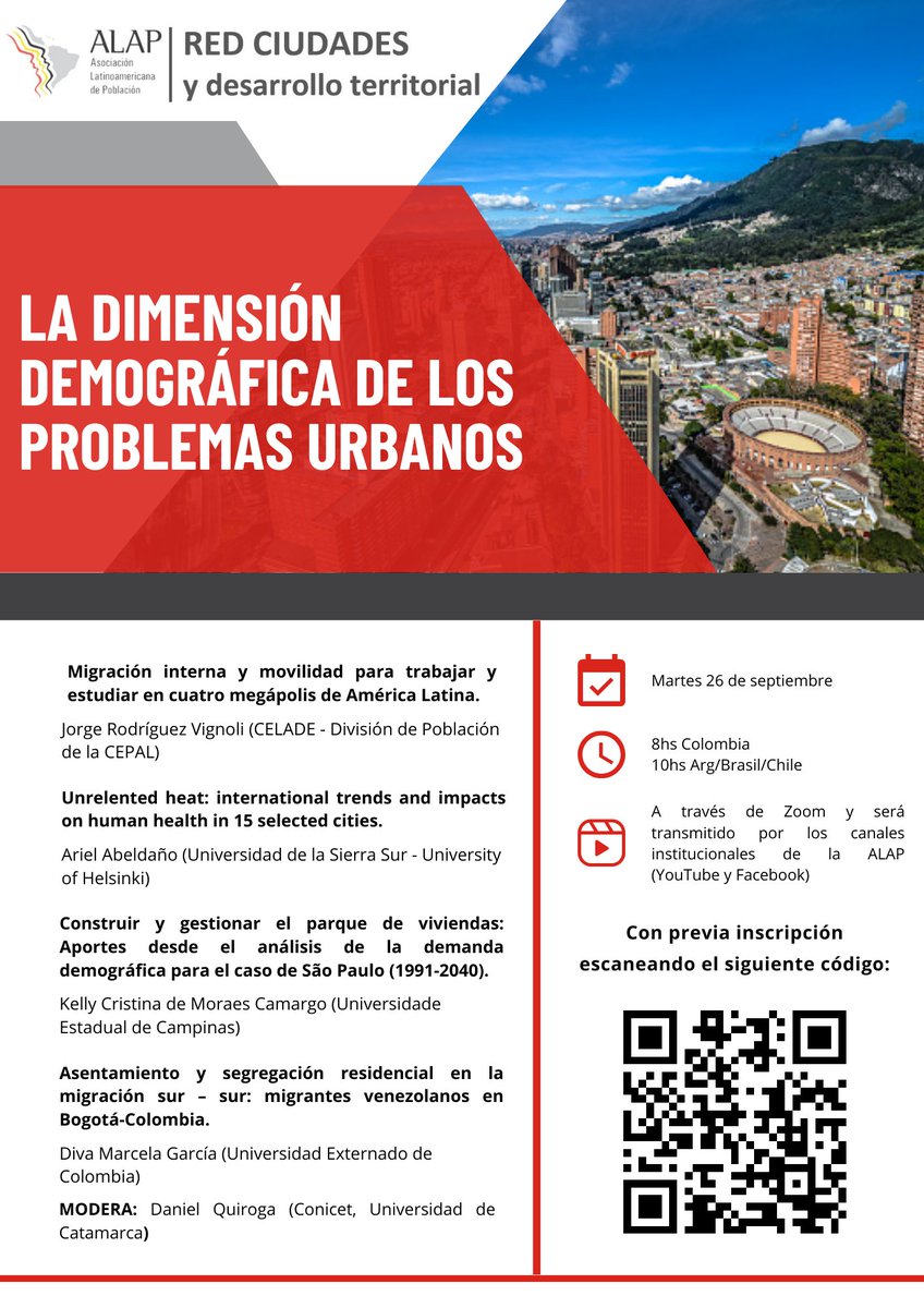 ¡Evento virtual! 📣

La Red de Ciudades y Desarrollo Territorial (ALAP) les invita al seminario web sobre "La Dimensión Demográfica de los Problemas Urbanos".

🗓️ martes 26 de septiembre (vía Zoom)
⏰ 8:00 hs (Col.) 10:00 hs (Arg/Bra/Chi)

Inscripción ⬇️⬇️
forms.gle/yvXkd6HyEjbeYV…