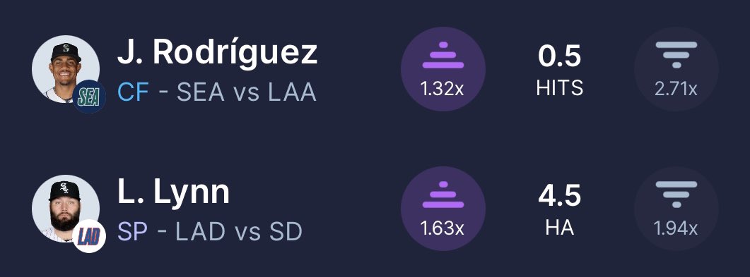 betbigben's tweet photo. 🚨#SleeperPOTD ⚾️

generated by my player props AI ⬇️

Rodriguez / 0.5 HITS / 81% HR
Lynn / 4.5 / 75% HR

#Sleeper | #MLB https://t.co/t0PLVqdEWY