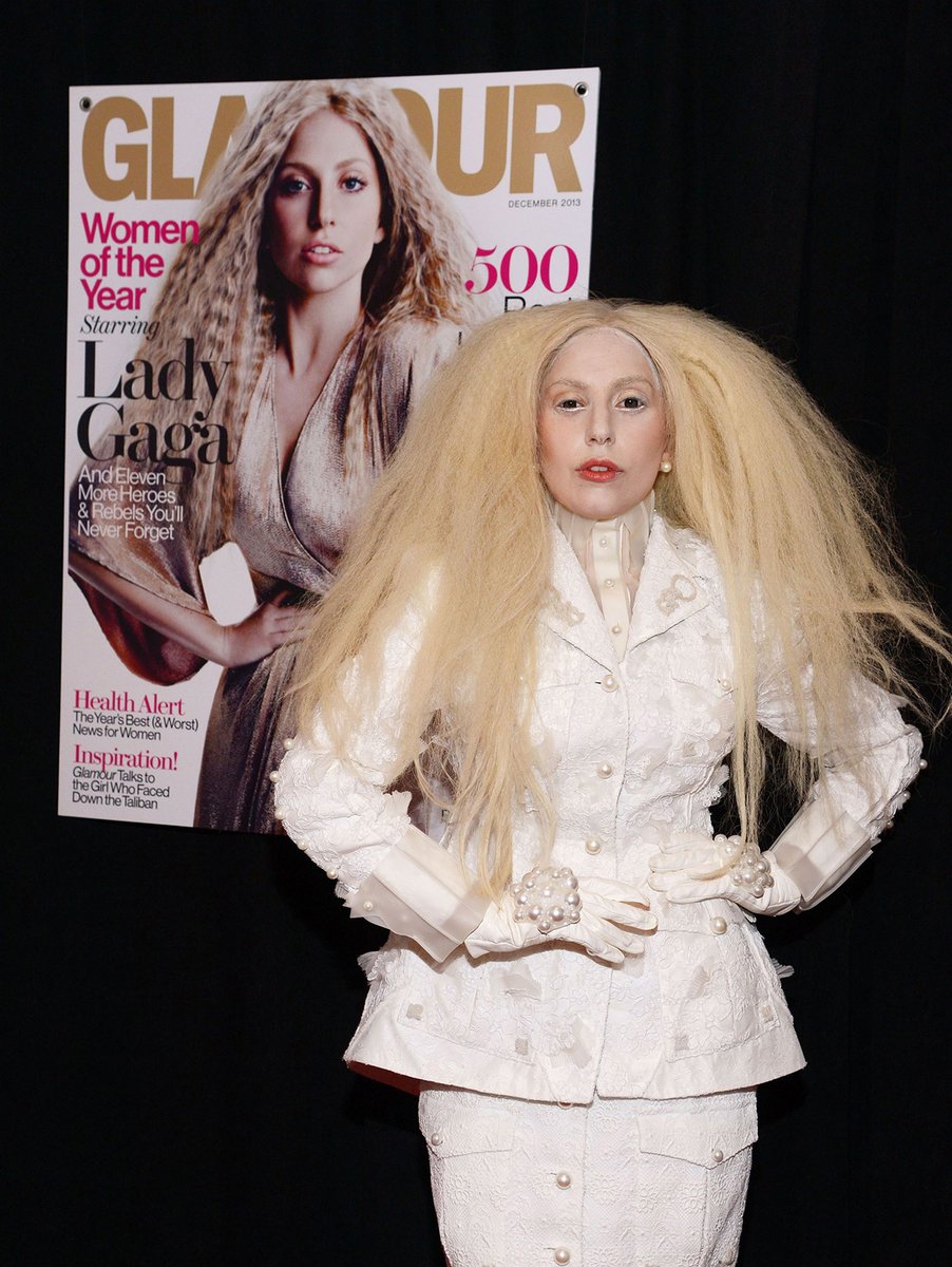 gagadaily's tweet photo. Throwback to that time Lady Gaga wasn’t happy with how Glamour magazine photoshopped her cover so she showed up to the presentation like this 😭 https://t.co/9qRHECi0hk