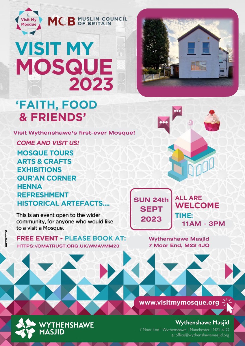 Visit My Mosque 2023 - Faith, Food & Friends

💌 A warm invitation to the wider community, people of any faith or none, to visit Wythenshawe’s first-ever Mosque!

📅 Sunday 24th Sept 11am - 3pm

🎟️ FREE Event but please book at: cmatrust.org.uk/wmavmm23