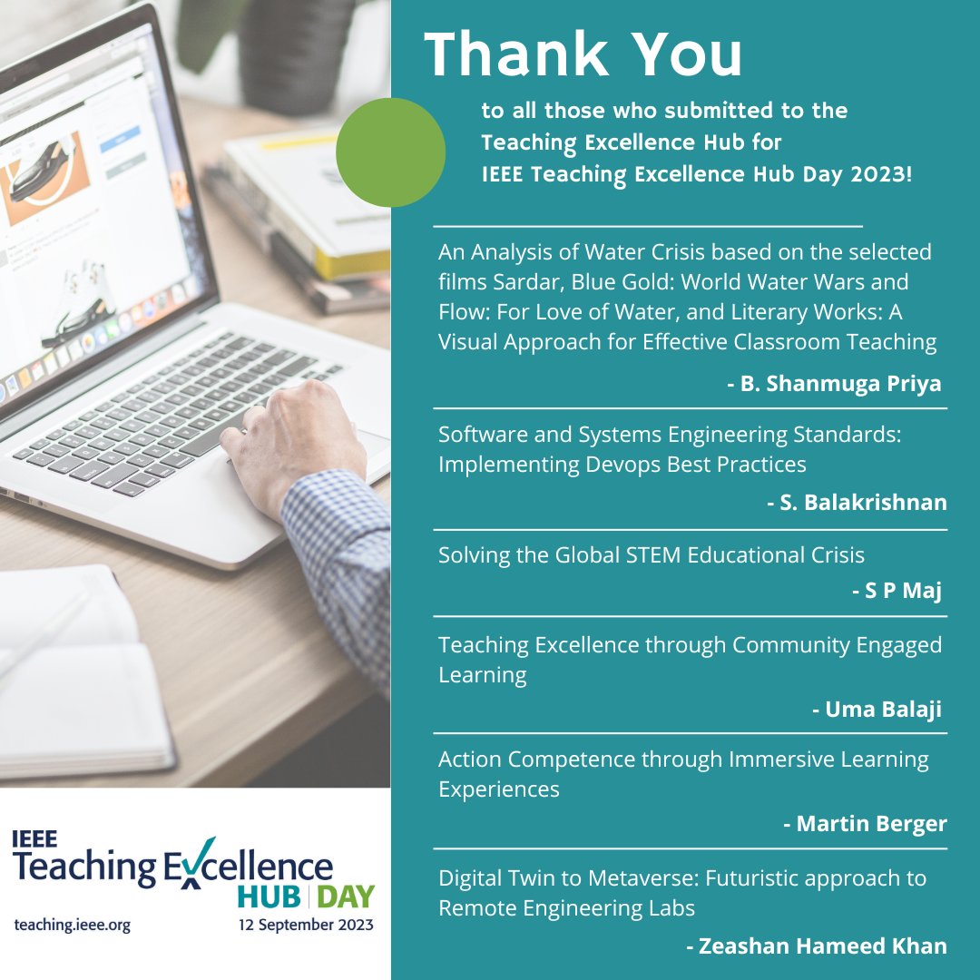 IEEE_EduSoc's tweet photo. The IEEE Teaching Excellence Hub, IEEE Educational Activities, and the IEEE Education Society would like to thank all of the authors who submitted an article to the TEH for IEEE TEH Day 2023!
#IEEE #TEHDay2023 #IEEEEducationalActivities #EdSoc https://t.co/lhSoYyXxEU