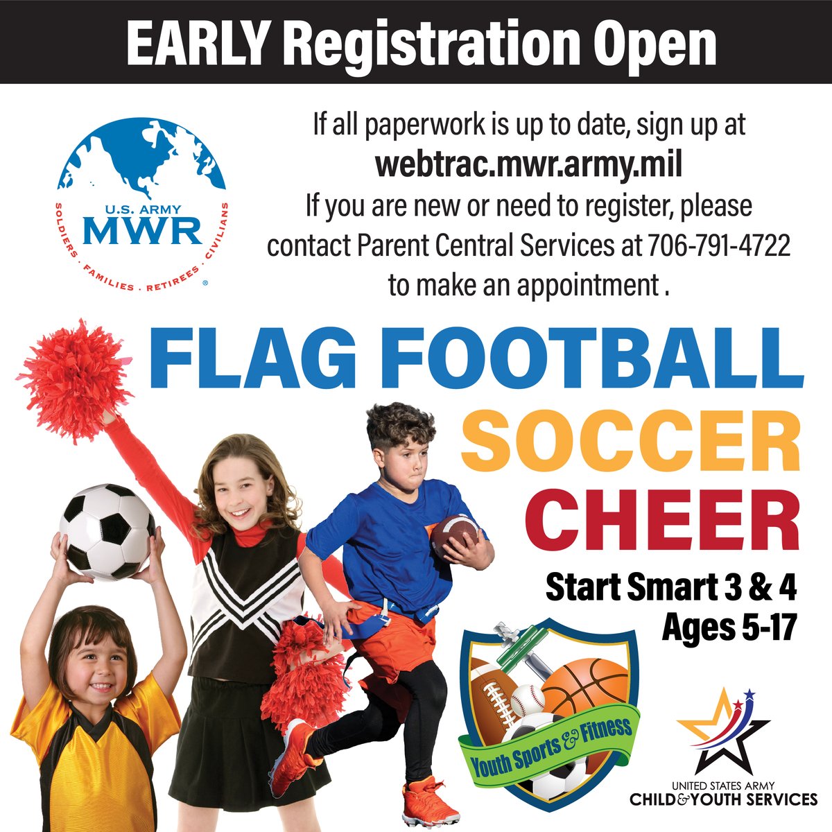 Registration for outh Sports & Fitness cheerleading, flag football or basketball is open. Please contact Parent Central Services at 706-791-4722 to make an appointment or for questions. 

#GordonMWR #CYSYouthSports #Cheerleading #Basketball #flagfootball