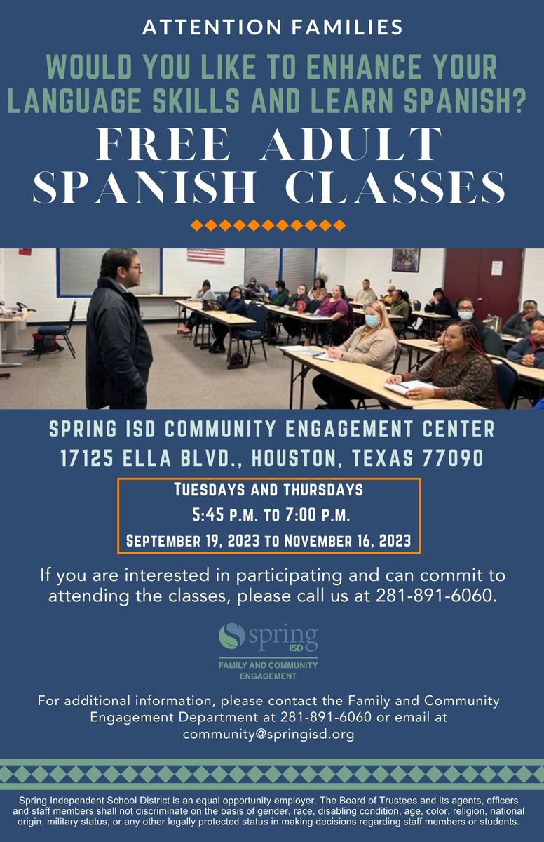 @SpringISD families and community members!! There is still time to sign up for our adult classes. ESL, Spanish and Computer classes begin next week! Sign up to receive more information! bit.ly/3EB5JpJ