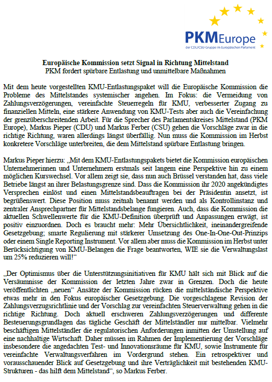 Mit dem heute vorgestellten KMU-Entlastungspaket will die <a href="/EU_Commission/">European Commission</a> die Probleme des Mittelstandes systemisch angehen. In den nächsten Wochen sollen konkretere Vorschläge folgen. <a href="/markuspieperMEP/">Markus Pieper</a> <a href="/MarkusFerber/">Markus Ferber</a>
