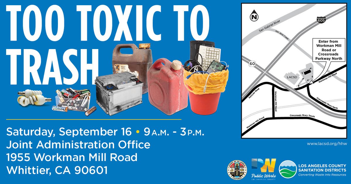 SanDistricts's tweet photo. FREE Household Hazardous Waste &amp; #EWaste Roundup on Sat, Sep 16 in #Whittier at our Joint Administration Office (1955 Workman Mill Rd) from 9am - 3pm. Bring paints, oils, batteries, sharps, computers, TVs, microwaves &amp; more.  https://t.co/mOQYCzjHf5 #Recycle #CleanUp https://t.co/a1oyxQmfes