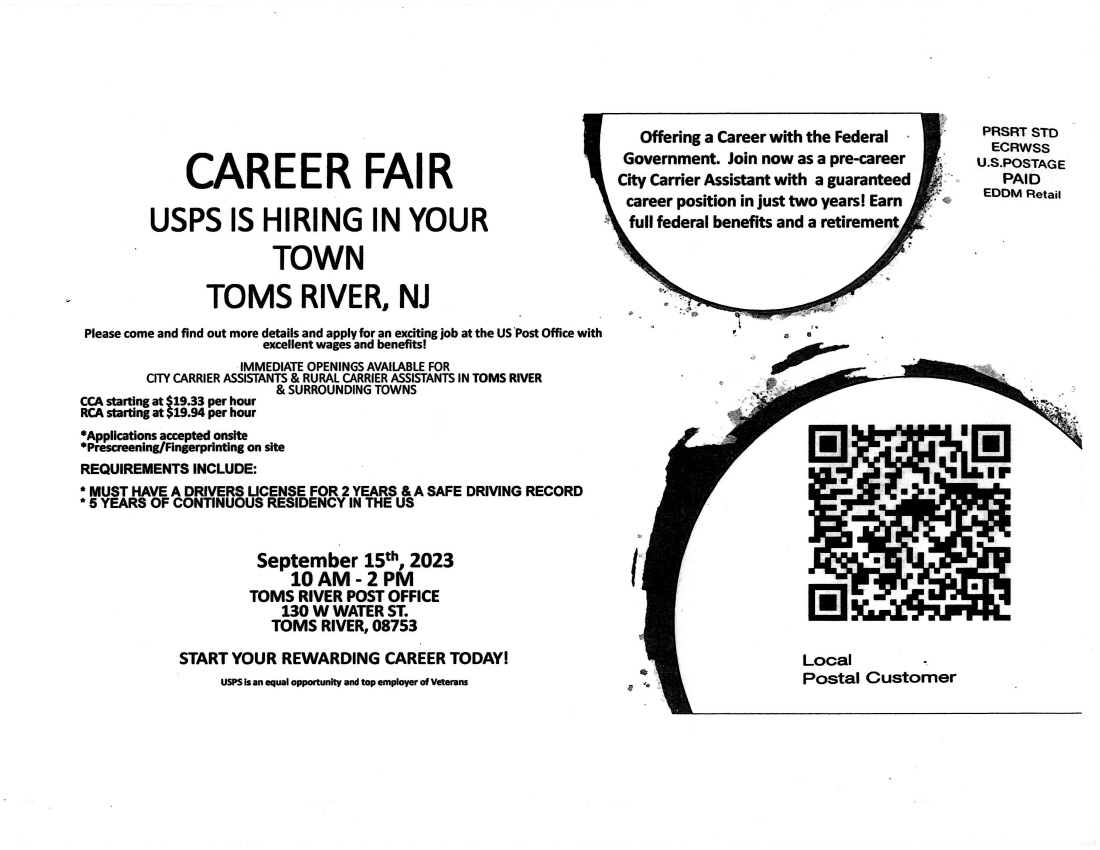 OceanCountyPIC's tweet photo. Toms River Post Office will be hosting a Career Fair at their office at 130 W Water Street, Toms River, NJ 08753 on September 15, 2023, from 10 am until 2 pm. If you are looking for a great career plan to attend this career fair. https://t.co/kScQMj7cQ1