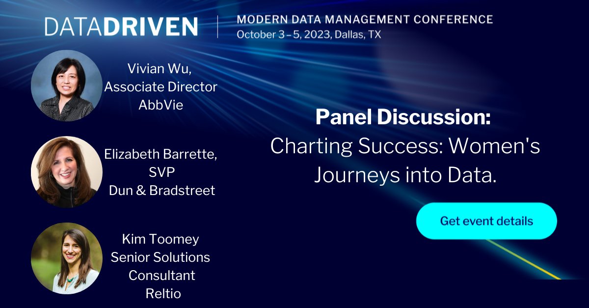 Join us on Oct. 4 for a Women in Data (WID) Luncheon and panel discussion, Charting Success: Women's Journeys in Data, featuring Vivian Wu of @abbvie, and Elizabeth Barrette of @DunBradstreet, moderated by Kim Toomey of @Reltio. reltio.com/datadriven/wom…