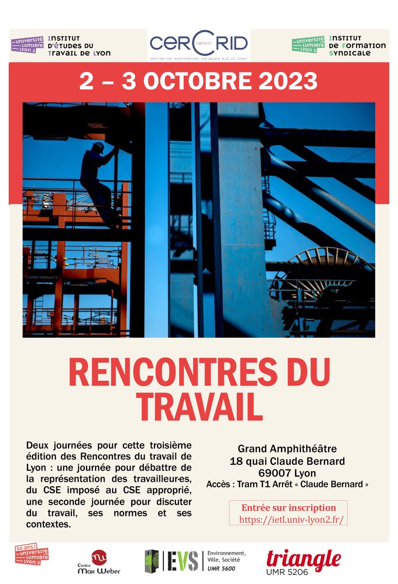 CERCRID UMR 5137 (@cercrid_umr5137) on Twitter photo 3ème édition des Rencontres du Travail de Lyon, organisées par l'Institut d'Etudes du Travail de Lyon en collaboration avec l'Institut de Formation Syndicale de Lyon et le <a href="/CERCRID_UMR5137/">CERCRID UMR 5137</a> les 2 et 3 octobre 2023 à l'<a href="/univ_lyon2/">Université Lumière Lyon 2</a>. +d'infos et inscriptions : lc.cx/Lqqhgp 3ème édition des Rencontres du Travail de Lyon, organisées par l'Institut d'Etudes du Travail de Lyon en collaboration avec l'Institut de Formation Syndicale de Lyon et le <a href="/CERCRID_UMR5137/">CERCRID UMR 5137</a> les 2 et 3 octobre 2023 à l'<a href="/univ_lyon2/">Université Lumière Lyon 2</a>. +d'infos et inscriptions : lc.cx/Lqqhgp