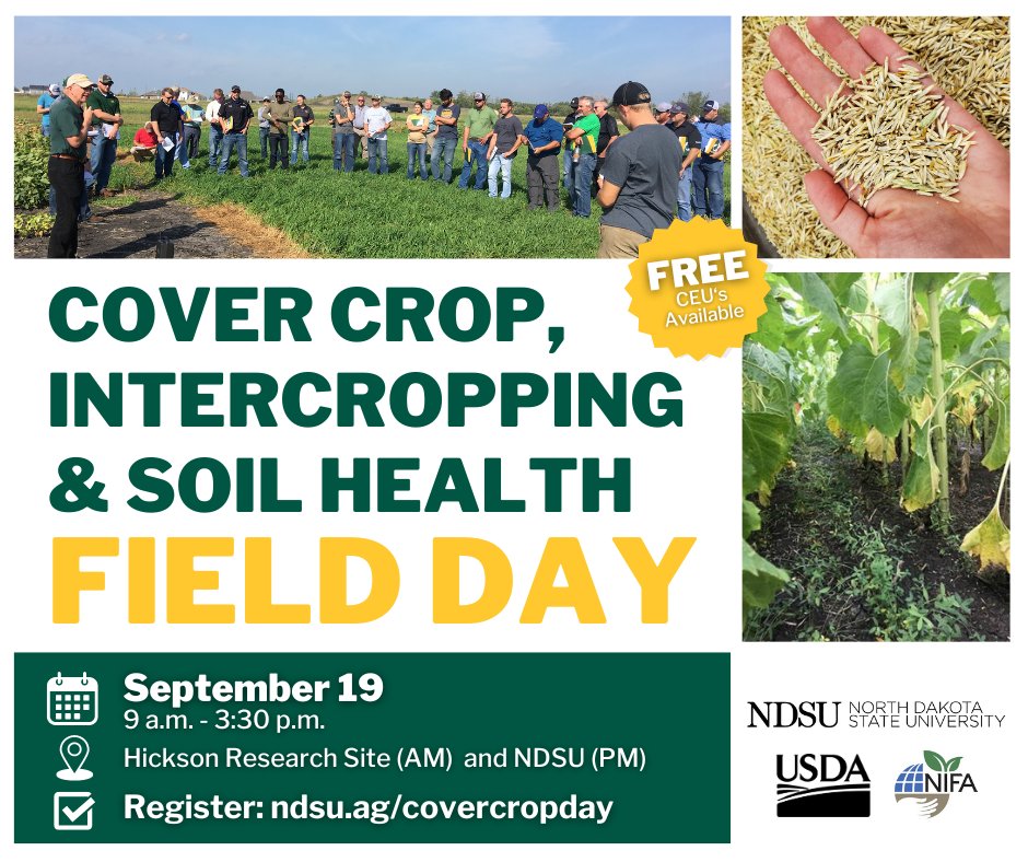 NEXT Tuesday! 
Don't miss this #NDSUFieldDay!    Cover Crops, Intercropping and Soil Health Field Day  
📅Sept 19 
✅Register by today for lunch ndsu.ag/covercropday