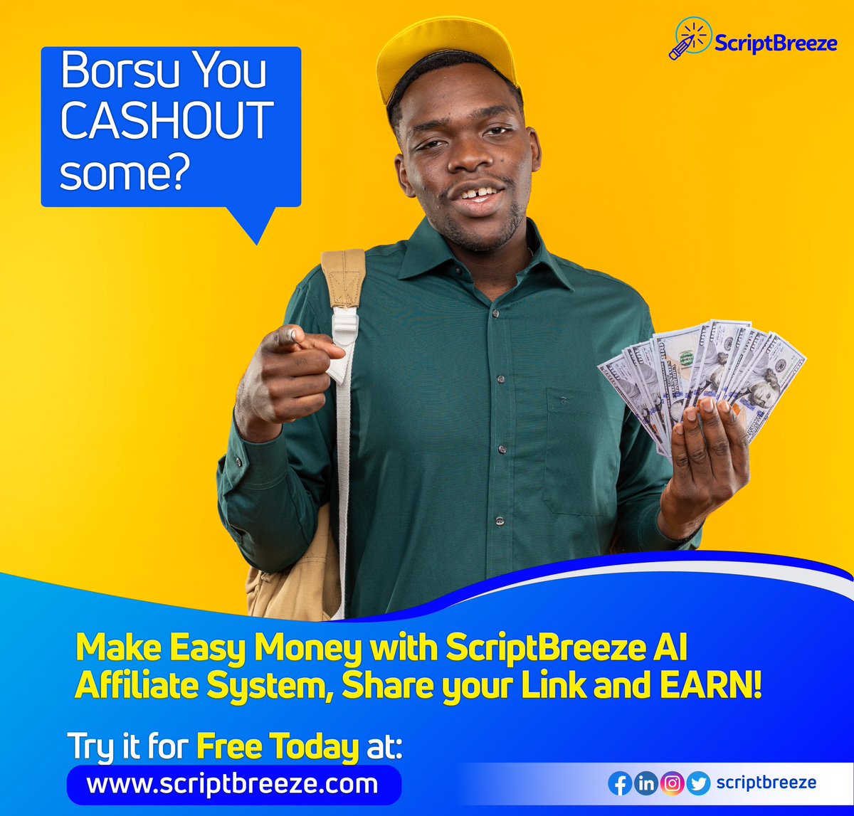 ScriptBreeze's tweet image. Have you cashed out with ScriptBreeze Ai Yet??🤯🤯

Make money with ScriptBreeze Ai Affiliate System.
- Register today at ScriptBreeze.com
- copy your affiliate link 
- share that link with your friends 
- with every signup your make 10% commission 

#scriptbreeze #aitools
