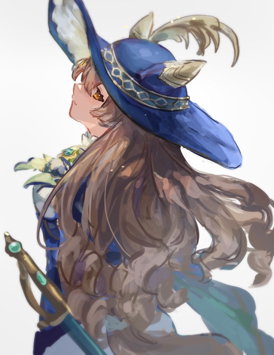 1girl long hair solo hat brown hair hat feather blue headwear  illustration images