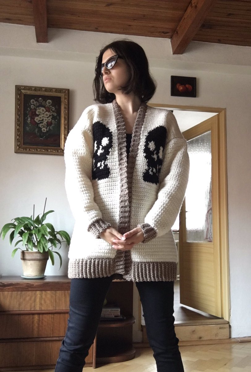 mintxlou's tweet photo. many balls of yarn later…i’m a proud owner of the famous pleasures skull cardigan we all love and adore ❤️ i don’t even know how many hours it took to crochet it but it was absolutely worth it https://t.co/lCGUITo62z