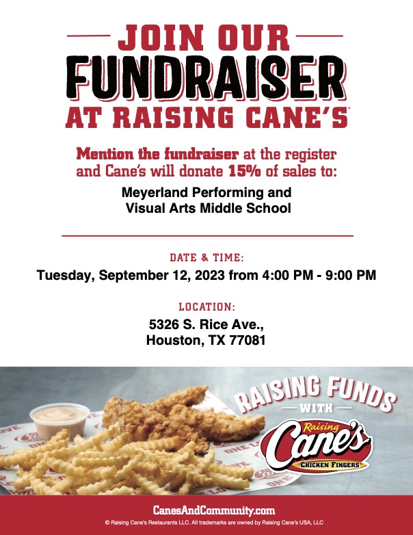 Raising Cane's is for dinner, y'all! Head to the S. Rice location between 4p-9p - mention MPVA and a portion of sales comes back to the school. 🐾💜#weareMPVA #MPVA