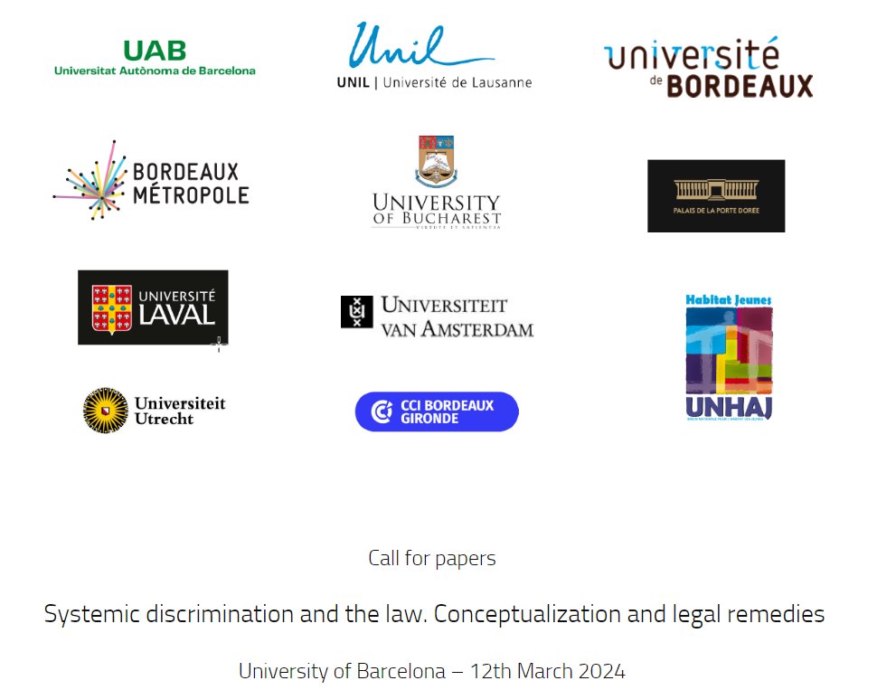 Call for papers
Conference ”Systemic discrimination and the law. Conceptualization and legal remedies” University of Barcelona – 12th March 2024
undeterred.hypotheses.org/appels