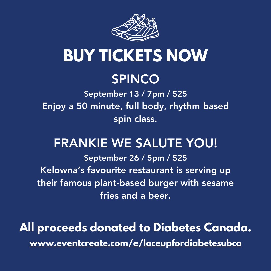 We are hosting not one but TWO events at Spinco Kelowna (tomorrow!) and Frankie We Salute You Restaurant on September 26th. All proceeds donated to @diabetescanada // buy tickets now before they sell out: eventcreate.com/e/laceupfordia… #LetsEndDiabetes #LaceUpYourWay