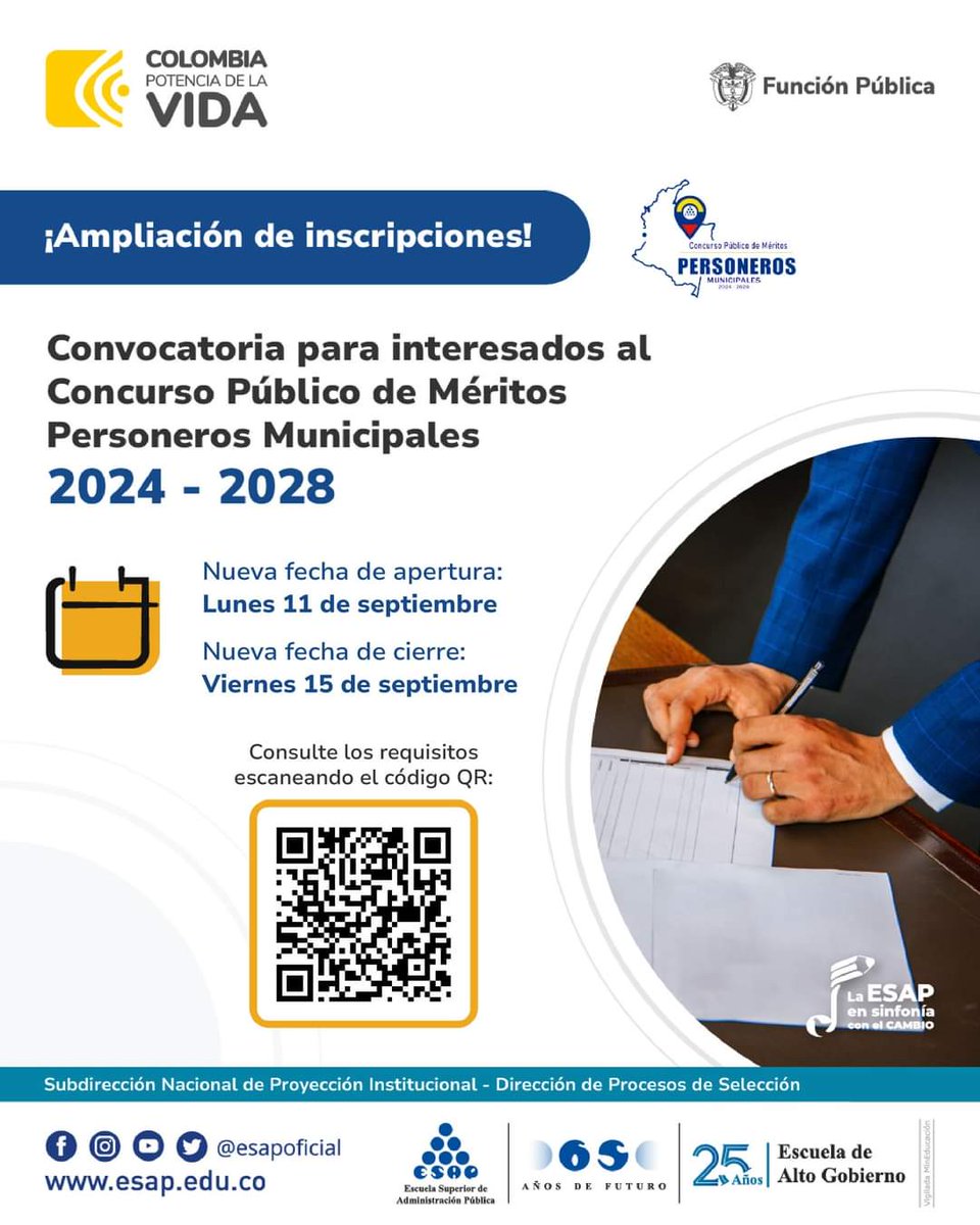 AlcaldiaMsj's tweet photo. La ESAP Amplia inscripciones para Concurso Público de Méritos Personeros Municipales 2024 - 2028
https://t.co/cJnlY6rXZC https://t.co/BKcjqGoXTR