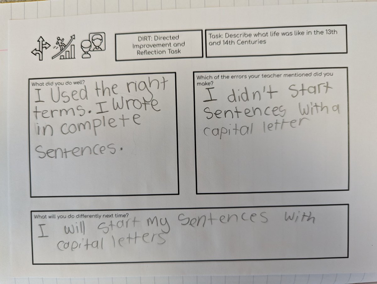 MrRobHistory's tweet photo. Students will then follow this up with a DIRT (Directed Improvement and Reflection Task) whereby they reflect on what they did well (I always start with the positives), what they got wrong and think about how they can improve next time. https://t.co/YMjCWh1QDH