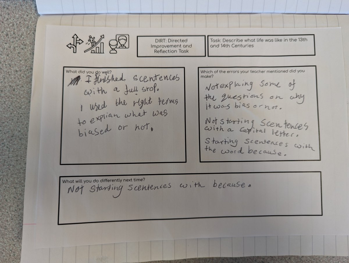 MrRobHistory's tweet photo. Students will then follow this up with a DIRT (Directed Improvement and Reflection Task) whereby they reflect on what they did well (I always start with the positives), what they got wrong and think about how they can improve next time. https://t.co/YMjCWh1QDH