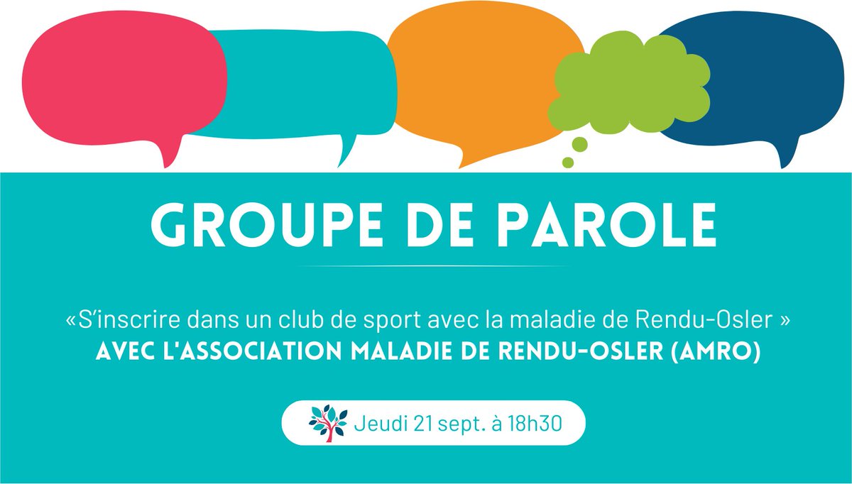 #GroupeDeParole 💬 | #AMRO France organise un groupe de parole portant sur : « S'inscrire dans un club de sport avec la maladie de Rendu-Osler ».

📅 Jeudi 21 sept.
⏰ 18h30 - 19h30
📍 Visioconférence  

Inscription gratuite et obligatoire ➡ amrohhtfrance.contacts@gmail.com