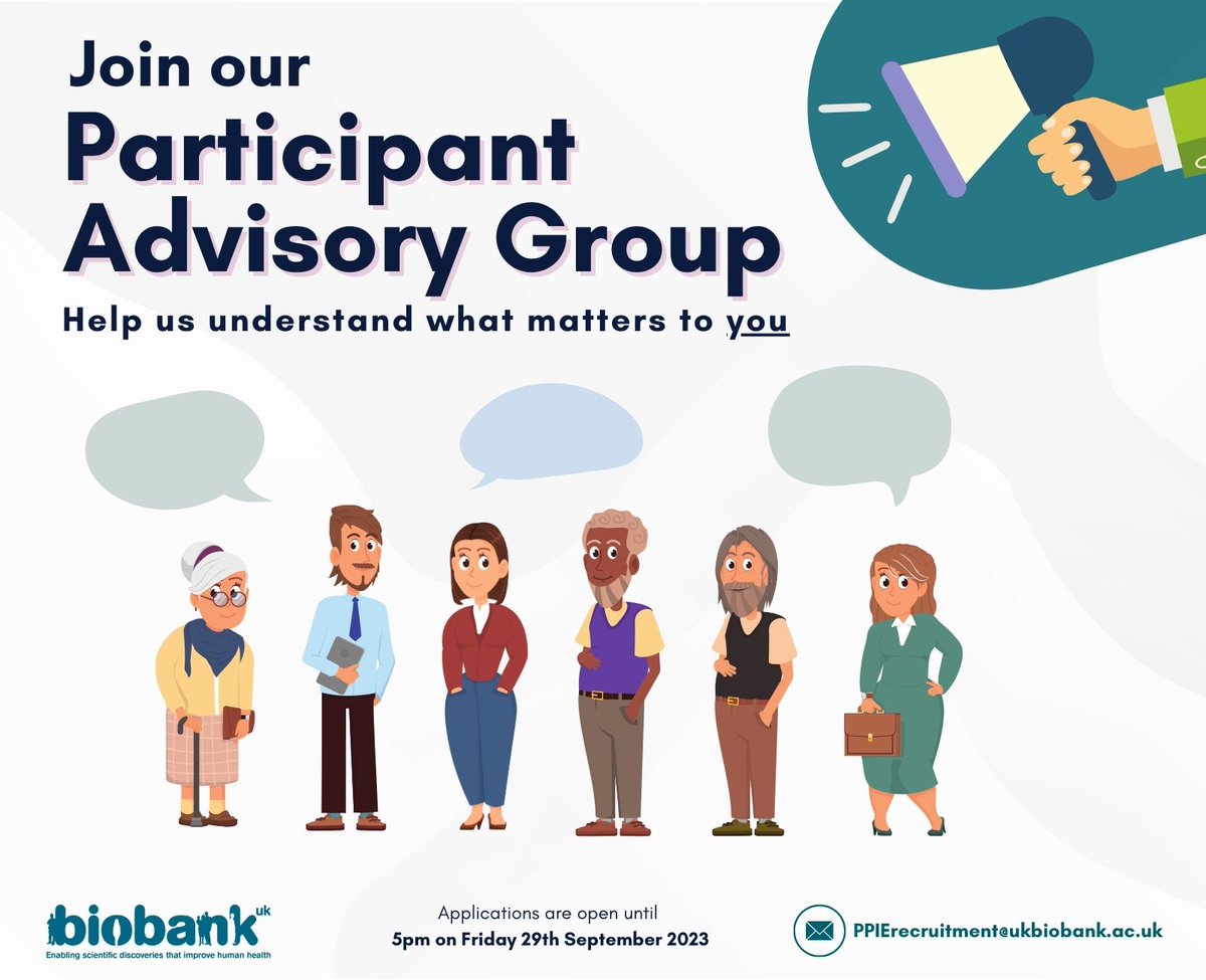 We are looking for #UKBiobank participants to join our Advisory Group and help us develop a strategy for involving and engaging participants in our work! You’ll have the opportunity to shape our work and meet other UKB participants! Find out more here: ow.ly/hXaf50PKzQw