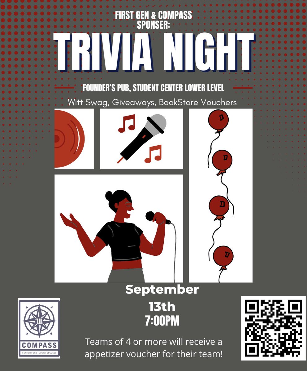 Music Icon Trivia Night

Time and Location: 7-9pm in Founders

Come join us in Founders Pub for the Witt’s first trivia night featuring Music Icons. Witt Swag and raffle prizes can be won ‼️
The first 10 teams to arrive win a free appetizer voucher to share ✅